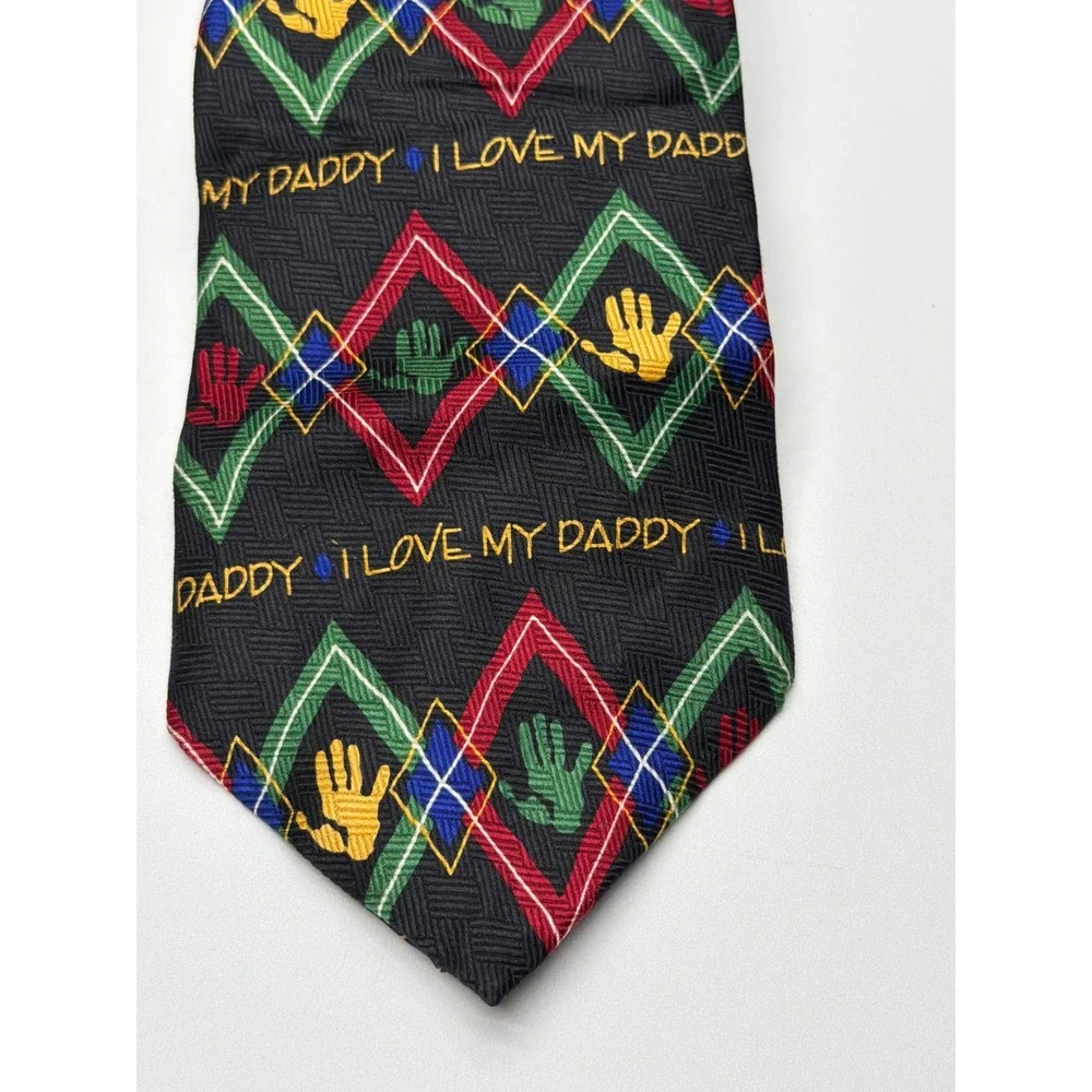 Ralph Marlin I Love My Daddy Argyle Tie Vintage 1998 Black Novelty‎ Handprint
